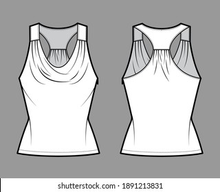 Tank racerback cowl top technical fashion illustration with ruching, fitted body, tunic length. Flat apparel outwear shirt template front, back, white color. Women, men unisex CAD mockup