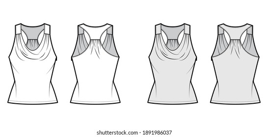 Tank racerback cowl top technical fashion illustration with ruching, fitted body, tunic length. Flat apparel outwear shirt template front, back, white grey color. Women, men unisex CAD mockup