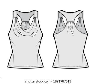 Tank racerback cowl top technical fashion illustration with ruching, fitted body, tunic length. Flat apparel outwear shirt template front, back, grey color. Women, men unisex CAD mockup