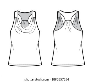 Tank racerback cowl top technical fashion illustration with ruching, oversized, tunic length. Flat apparel outwear shirt template front, back, white color. Women, men unisex CAD mockup