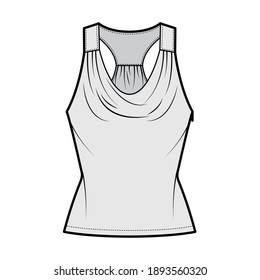 Tank racerback cowl top technical fashion illustration with ruching, fitted body, tunic length. Flat apparel outwear shirt template front, grey color. Women, men unisex CAD mockup