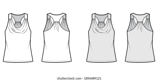 Tank racerback cowl top technical fashion illustration with ruching, oversized, tunic length. Flat apparel outwear shirt template front, back, white grey color. Women, men unisex CAD mockup