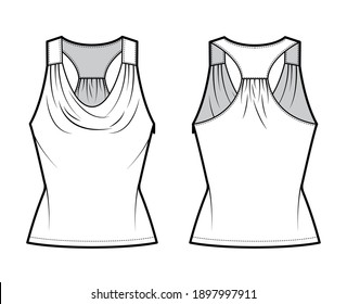 Tank racerback cowl top technical fashion illustration with ruching, fitted body, tunic length. Flat apparel outwear shirt template front, back, white color. Women, men unisex CAD mockup