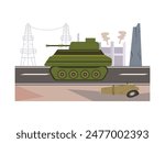 Tank the road in the war conflict area. Character design. Vector flat illustration