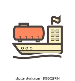 Tank ship or LNG carrier icon. Also called LNG tanker. Consist of LNG tank container, ship and natural gas (methane and ethane) cooled down to liquid (LNG) for storage, transport or delivery maritime.