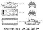 A tank is shown in different angles, with the front and back views shown. The tank is a military vehicle, and the image is in black and white