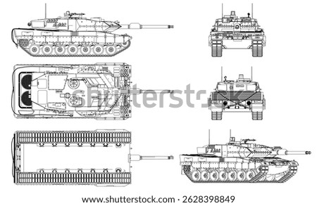 A tank is shown in different angles, with the front and back views shown. The tank is a military vehicle, and the image is in black and white