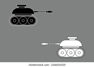 Tank side view flat design icon black white outline vector illustration