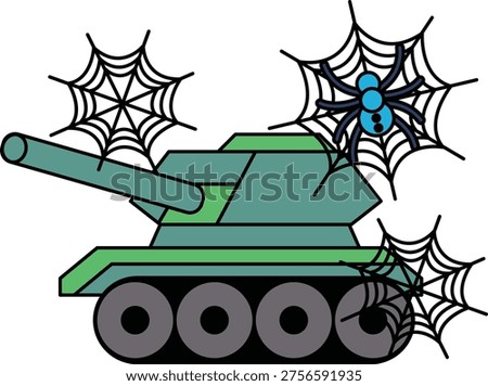 Tank sits still, surrounded by eerie spiderwebs. Spiders dwell within tangled webs, creating a haunting scene. Darkness frames the tank's imposing silhouette