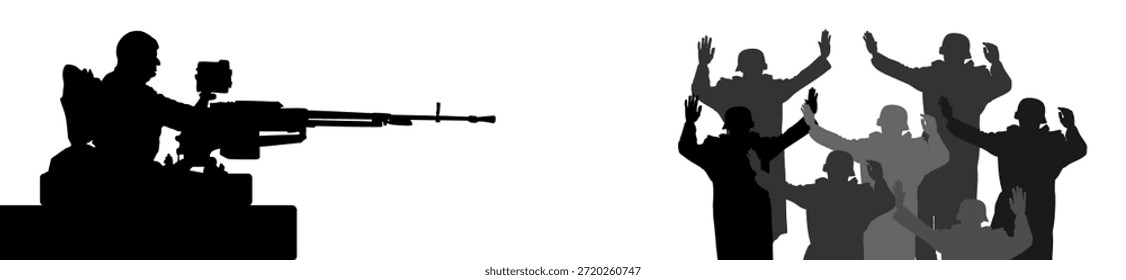 Panzersoldat Maschinengewehr erobert feindliche Kapitulation mit erhobenen Händen in Höhe Vektor Silhouette Illustration isoliert. Krieger verhaften im Krieg nach dem Kampf gegen mächtige Gewehrwaffe Maschinengewehr.