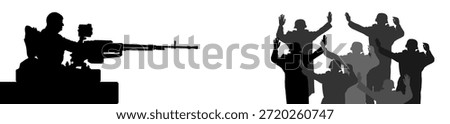 Tank soldier machine gunner captured enemy surrender with raised hands in height vector silhouette illustration isolated. Warriors arrest in war after battle against powerful rifle weapon machine gun.