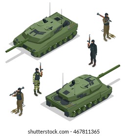 Tank and soldiers. Flat 3d vector isometric illustration.