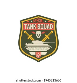 Tank squad division isolated patch on uniform. Vector armored heavy machinery, crossed swords and skull, officer military rank. Chevron with tank, insignia of armed forces defense, combat infantry