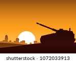 tank still on desert to attack enemy,silhouette design,village background,vector illustration 
