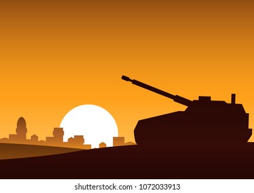tank still on desert to attack enemy,silhouette design,village background,vector illustration 