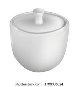 Tank for storing bulk products. Vector realistic illustration of ceramic dishes. Isolated image of a cup with a lid.