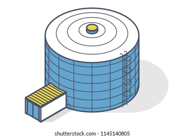 Tank for storing water, gas, oil, oxygen and other solid fuels. Part of wastewater treatment plant, WWTP. Isometric vector symbol for water management, gasometer or deal with fuel and drinking water