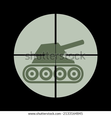 Tank is targeted by anti-tank missile. Armoured vehicle is going to be destroyed by military weaponry in combat, war, warfare and conflict. Vector illustration.