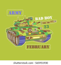 Tank for textile design and print tshirt. Army machine with words isolated on green background. 23 february in Russia.