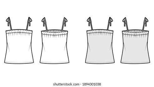 Tank tie strap top technical fashion illustration with ruching, oversized, tunic length. Flat apparel outwear shirt template front, back, white grey color. Women, men unisex CAD mockup