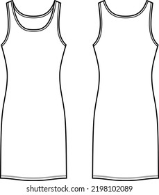 Tank top dress flat sketch. Casual gown apparel design. Front and back. Women CAD mockup. Fashion technical drawing template. Vector illustration.