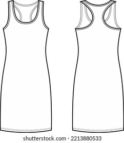 Tank top dress with race back flat sketch. Sport gown apparel design. Front back. Women CAD mockup. Technical drawing template. Vector illustration.