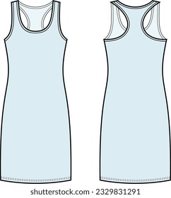 Tank top dress with race back. flat sketch. Sport gown apparel design. Women CAD mockup. Fashion technical drawing template. Vector illustration.