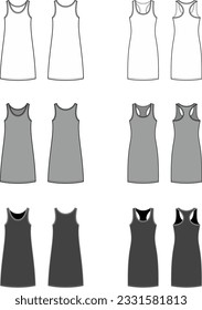 Tank top dress with race back flat sketch. Sport gown apparel design. Front back. Women CAD mockup. Technical drawing template. Vector illustration.