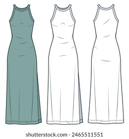 Tank Top Dress technical fashion illustration. Women's Maxi Dress fashion flat technical drawing template, crew neckline, straps, side slit, front and back view, white, green, women CAD mockup set.