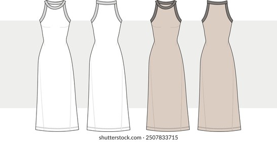 Tank Top Dress technical fashion illustration. Women's Maxi Dress fashion flat technical drawing template, crew neckline, straps, side slit, front and back view, women CAD mockup set.