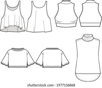 Tank top fashion flat sketch template. Sleeveless top, Technical Fashion Illustration, Apparel template front and back, mockup.