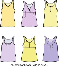 Tank top flat sketch. Set of singlet apparel design. Front view. Women CAD mockup. Fashion technical drawing template. Vector illustration