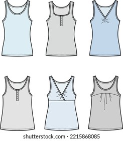 Tank top flat sketch. Singlet apparel design. Front view. Women CAD mockup. Fashion technical drawing template. Vector illustration.