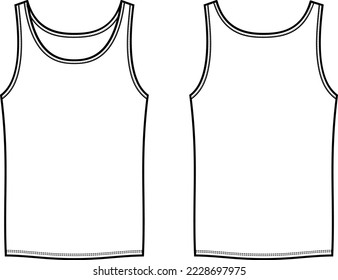 Tank top flat sketch. Singlet apparel design. Front and back. Men CAD mockup. Fashion technical drawing template. Vector illustration.