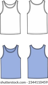 Tank top flat sketch. Singlet apparel design. Underwear. Front and back. Men CAD mockup. Technical drawing template. Vector illustration.