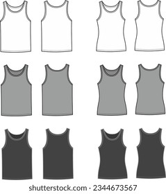 Tank top flat sketch. Singlet apparel design. White, grey, black. Front back. Men women CAD mockup. Technical drawing template. Vector illustration