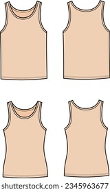 Tank top flat sketch. Singlet apparel design. Front and back. Men and women CAD mockup. Fashion technical drawing template. Vector illustration