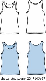 Tank top flat sketch. Singlet apparel design. Casual wear. Front and back. Women CAD mockup. Fashion technical drawing template. Vector illustration