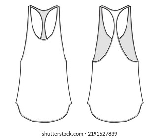 tank top flat sketch unisex round neck racer back tank top cad drawing vector illustration. front and back view template. isolated on white background.