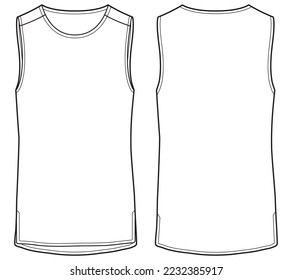 tank top flat sketch vector illustration mens sports wear crew neck tank top with side slits front and back technical cad drawing template