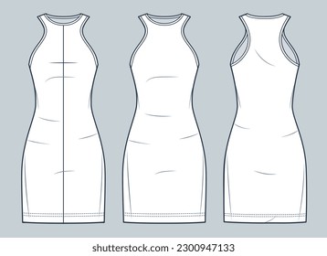 Tank Top mini Dress technical fashion illustration. Women's jersey Dress fashion flat technical drawing template, crew neckline, front and back view, white color, women CAD mockup set.