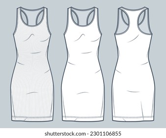 Tank Top mini Dress technical fashion illustration. Women's jersey Dress fashion flat technical drawing template, crew neckline, ribbed, front and back view, white color, women CAD mockup set.