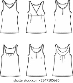 Tank top set flat sketch. Singlet apparel design. Casual wear. Front view. Women CAD mockup. Fashion technical drawing template. Vector illustration