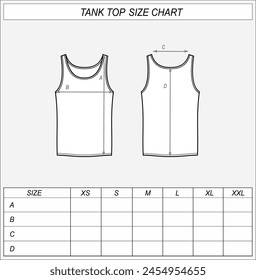 Tank top size chart. Singlet front and back sketch. Clothing measurements. Men CAD mockup. Technical drawing template. Vector illustration