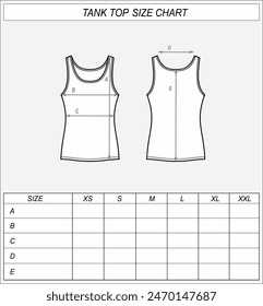 Tank top size chart. Singlet front and back sketch. Clothing measurements. Women CAD mockup. Technical drawing template. Vector illustration