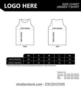 Tank Top size guide of unisex short sleeve sizing chart Table size Front and back views Vector illustration.	
