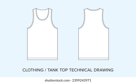 Tank Top Technical Drawing, Apparel Blueprint for Fashion Designers. Detailed Editable Vector Illustration, Black and White Clothing Schematics, Isolated Background