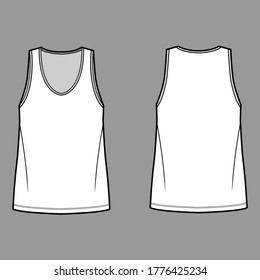 Tank top technical fashion illustration with oversized body, bonded deep V-neckline, sleeveless. Flat shirt apparel template front, back, white color. Women, men unisex CAD mockup