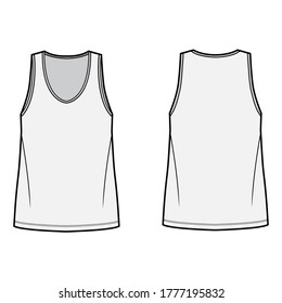 Tank top technical fashion illustration with oversized body, bonded deep V-neckline, sleeveless. Flat shirt apparel template front, back, grey color. Women, men unisex CAD mockup