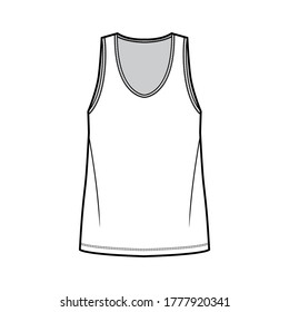 Tank top technical fashion illustration with oversized body, bonded deep V-neckline, sleeveless. Flat shirt apparel template front, white color. Women, men unisex CAD mockup